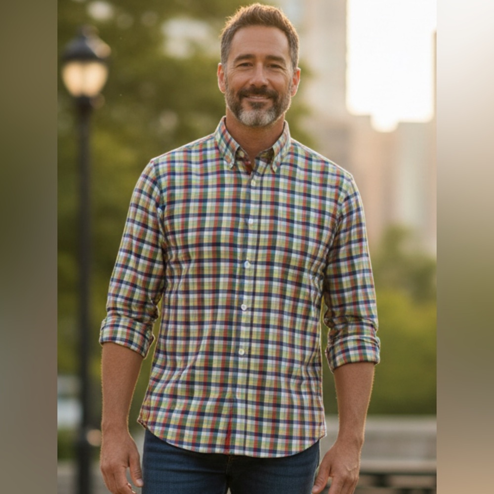 Vineyard Place Buffalo Check Plaid, Swiss Dot Button Down Shirt, Men’s XL, Multi